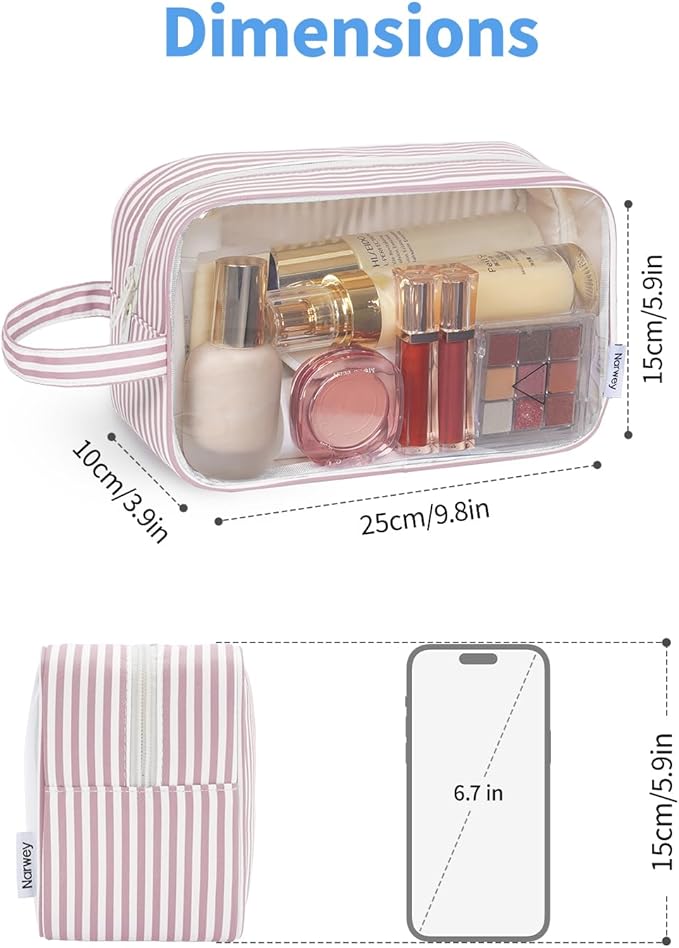 Narwey Clear Toiletry Bags for Traveling Women Men, Clear Travel Bags for Toiletries Makeup Bag Cosmetic Bag with Zipper, Make Up Organizer, Skincare Bag (Dusty Pink Stripe)
