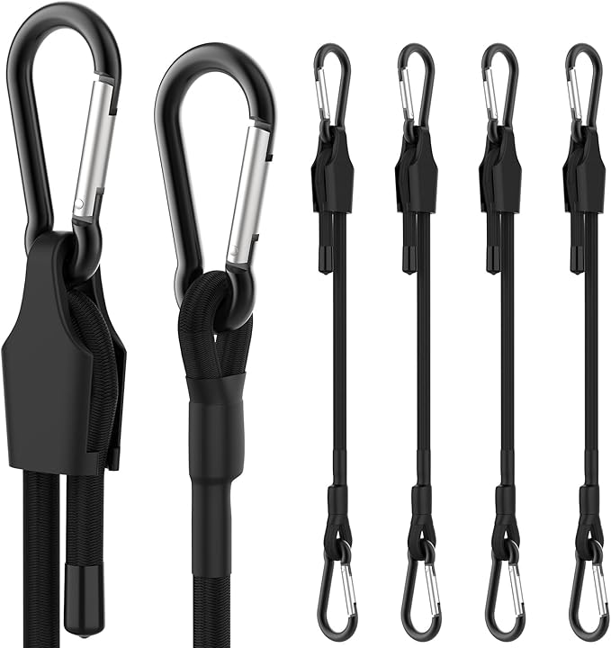 SDTC Tech 12 Inch Adjustable Bungee Cords with Carabiner Hooks, 4 Pack Heavy Duty Outdoor Super Elastic Bungee Straps Easily Adjust from 8" to 18" for Cargo, Bike, Luggage, Carts, Truck