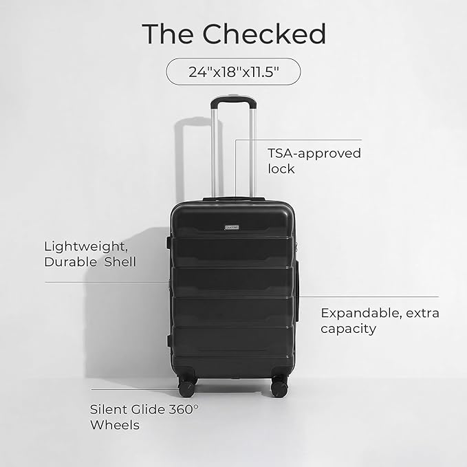 Quatish Checked Luggage 26 inch Large Hard Shell Suitcase with Spinner Wheels, Expandable Durable Luggage with TSA Lock, Smooth Rolling Wheel for Lightweight Travel for Men Women, Black