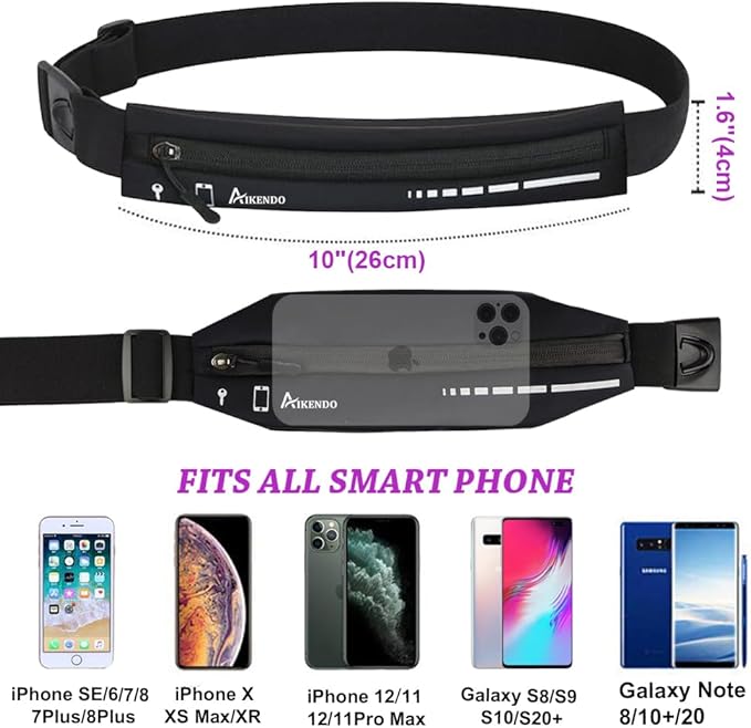 AIKENDO Slim Running Belt for Women Men,Runners Fanny Pack Phone Holder,Running Pouch Waist bag for Workout Jogging,Money Belt Running Gear Accessories