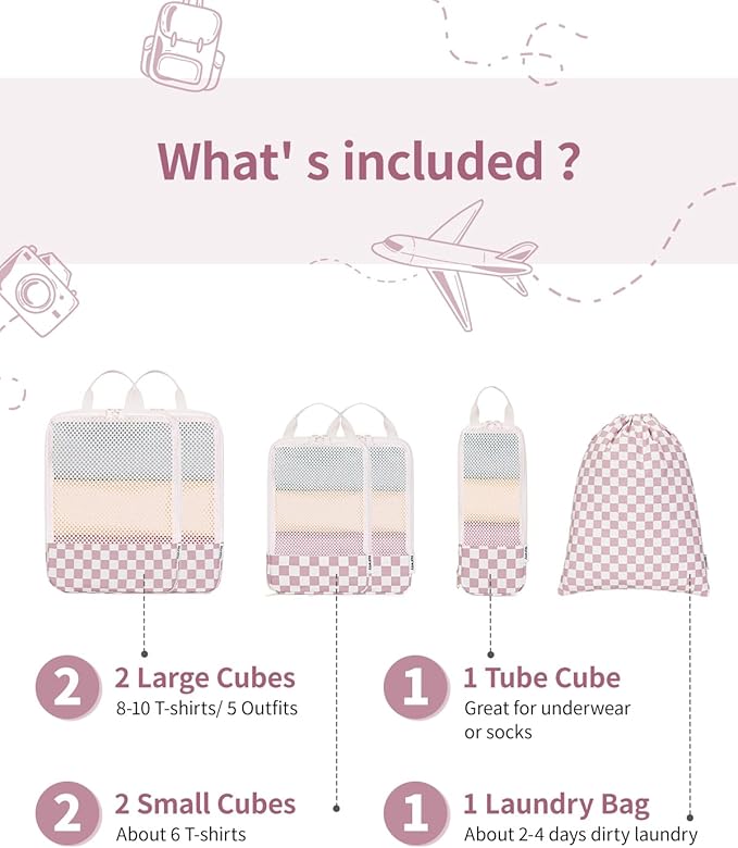 Narwey 6 Set/5 Set Compression Packing Cubes for Travel Kids Women Carry on, Packing Organizers Bag for Backpack Luggage Suitcase Duffle Bags