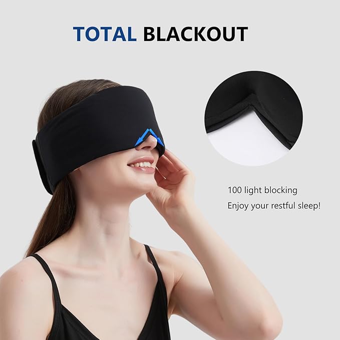 Sleep Mask ALASKA BEAR Wraparound Cool for Side and Back Sleeper, Adjustable Headband Eye Mask and Ear Cover Blindfold for Full Blackout, Upgraded w/o Buckles for Sensitive