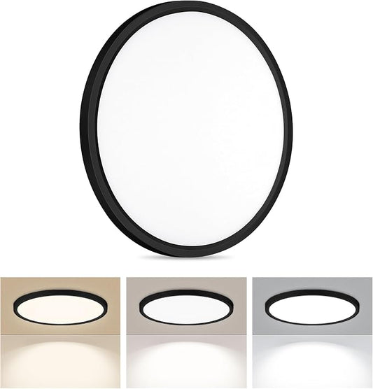 1 Pack LED Flush Mount Ceiling Light, 24W Ultra Thin Round Ceiling Lamp 3000K/4000K/6500K 3 Color Temperatures Adjusted 12 Inch Modern Ceiling Lights, Wired, Black