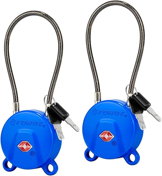 Forge TSA Approved Luggage Locks Ultra-Secure Dimple Key Cable Locks for Travel with Zinc Alloy Body- 2 Blue Locks