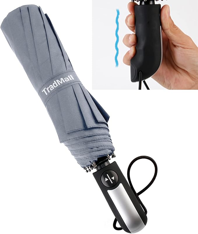 TradMall Travel Umbrella Windproof with 46 Inches Large Canopy 10 Reinforced Fiberglass Ribs Ergonomic Handle Auto Open & Close, Gray