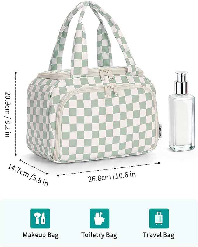 Narwey Checkered Travel Toiletry Bag for Women Large Makeup Bag, Wide-open Cosmetic Make Up Organizer with Handle, Travel Bag for Toiletries, Essentials, Accessories (Mint Green Checkerboard)
