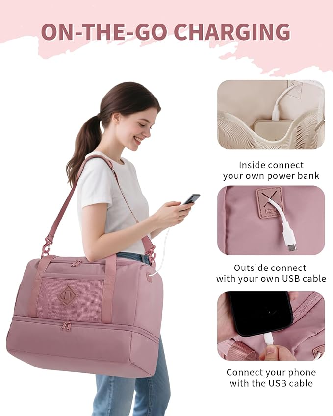 WANDF Travel Duffel Bag with Wet Pocket & Shoe Compartment, 18x14x8 Personal Item Bag with USB Charging Port, Water-Resistant Gym Weekender Overnight Carry-on for Women Men (Pink)