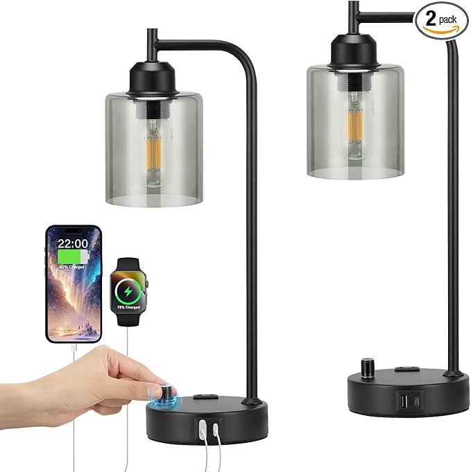 Industrial Desk Lamps for Office Set of 2 - Fully Dimmable Bedside Lamps with USB A C Ports and Outlet, Black Nightstand Lamps with Grey Glass Shade for Living Room, Table Lamps for Bedrooms Reading