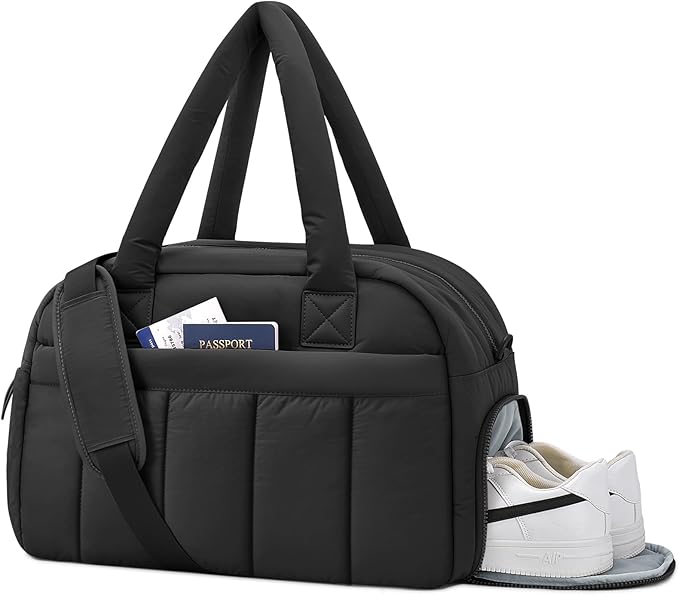 oscaurt Gym Bag for Women Puffer Duffle Bag for Travel Water Resistant Carry On Weekender Overnight Duffel Dance Bag with Shoe Compartment