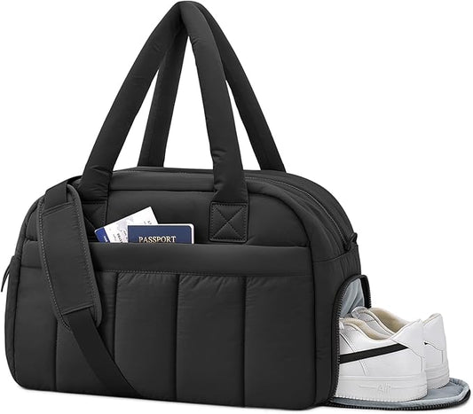 oscaurt Gym Bag for Women Puffer Duffle Bag for Travel Water Resistant Carry On Weekender Overnight Duffel Dance Bag with Shoe Compartment