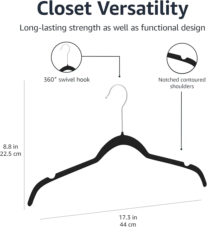 Amazon Basics Space-Saving Slim Velvet Non-Slip Clothes Hangers for Closet Organization, Sturdy with Shoulder Notches, Black, 50-Pack