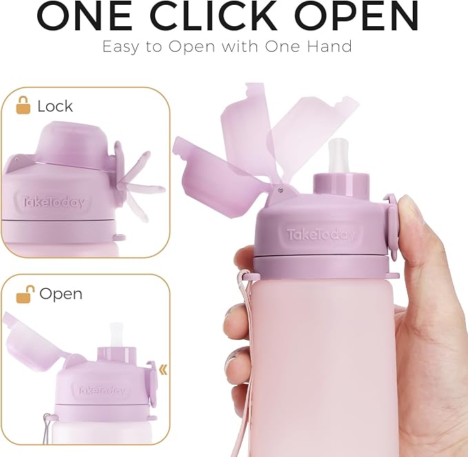 TakeToday Collapsible Water Bottles 21oz (600mL), Foldable Platinum Silicone Travel Water Bottle with Straw & Carry Strap, Leak-Resistant Screw Lid, Wide Mouth, BPA-Free for Hiking, Camping, Travel