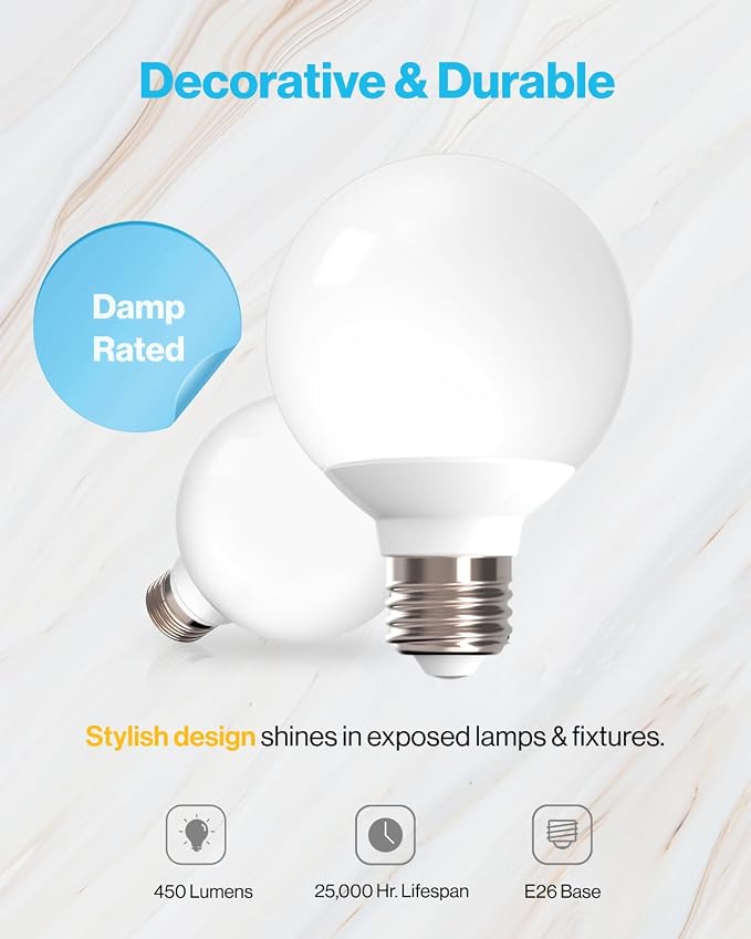 Sunco 12 Pack G25 LED Light Bulb, Globe, Vanity Bathroom Mirror, 6W=40W | 5000K Daylight, Frosted Lens, 450LM, Dimmable, E26 Medium Base, Vanity Mirror Lighting, Damp Rated, Decorative Round Bulb