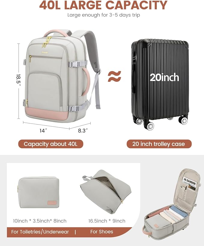 LOVEVOOK Travel Backpack For Women Flight Approved, 40L Carry On Backpack, Personal Item Travel Bag for Airplanes, Business Weekender Fit 17 Inch Laptop, Waterproof Overnight Daypack with 2 Cubes