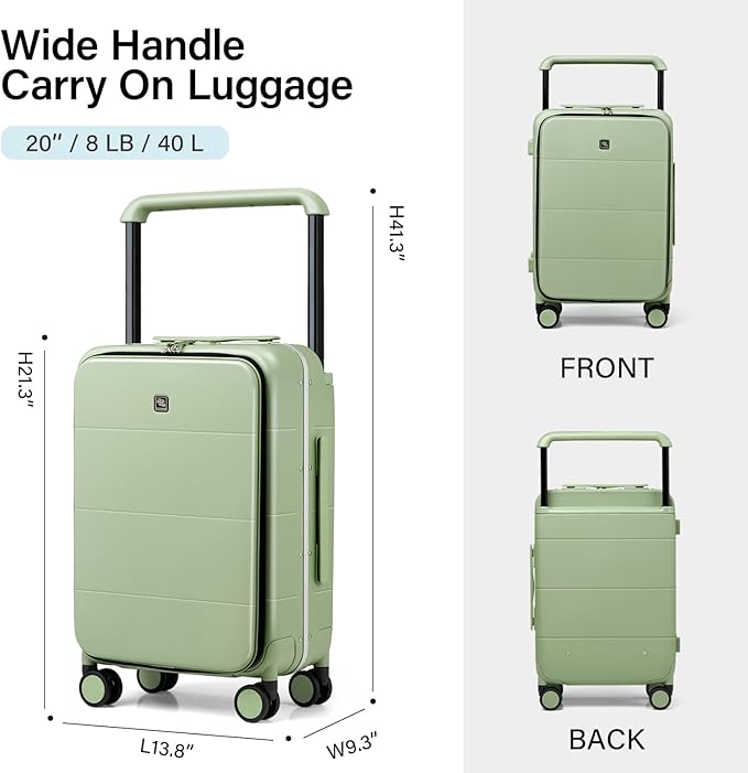 Hanke Top Opening Carry On Luggage, 20 Inch All-PC Aluminum Frame Wide Handle Luggage, Hard Shell Trunk Suitcase with Spinner Wheels, TSA Airline Approved (Bamboo Green, 40L)