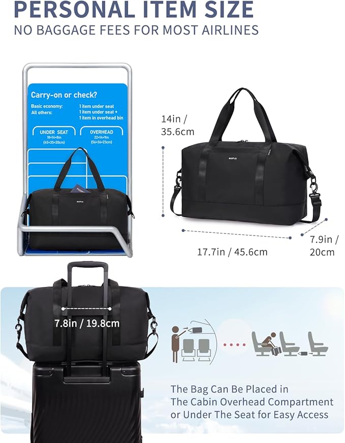 ECOHUB Travel Duffel Bag, Water Resistant Weekender Bag Carry On Bags for Women, Sport Gym Bags for Men, Hospital Bag for Labor and Delivery, Overnight Bag Luggage Bag with Trolley Sleeve, 30L Black