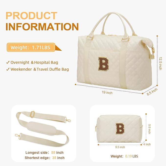 Gifts for Women, Initial Travel Duffle Bag, Personalized Weekender Overnight Bags, Gift for Mom Friend College Girl Graduation Teacher（Beige,B)