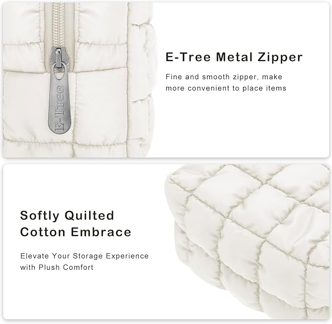 E-Tree Cute Makeup Bag,Quilted Cosmetic Bag,Make up Pouch for Purse,Toiletry Zipper Pouch,Checkered Bag,Travel Case,Storage Pouches for Organization (White)
