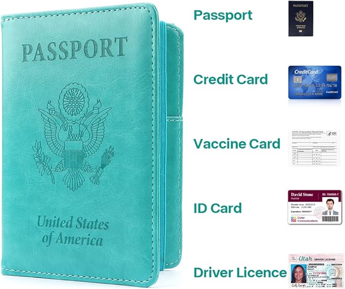 Passport Holder for Travel,Leather Passport Holder RFID Blocking Passport Cover Wallet Passport Case with Pen Holder Passport Holders for Travel Women Men Family Travels Must Haves Essential,Turquoise