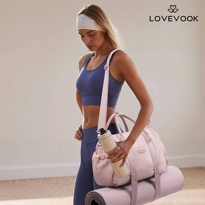 LOVEVOOK Small Gym Bag for Women with Yoga mat Holder, Mini Duffle Bag for Travel with Wet Pocket, Overnight Personal Item Bags (Pink, 16.5 inch-Large-2Pcs)