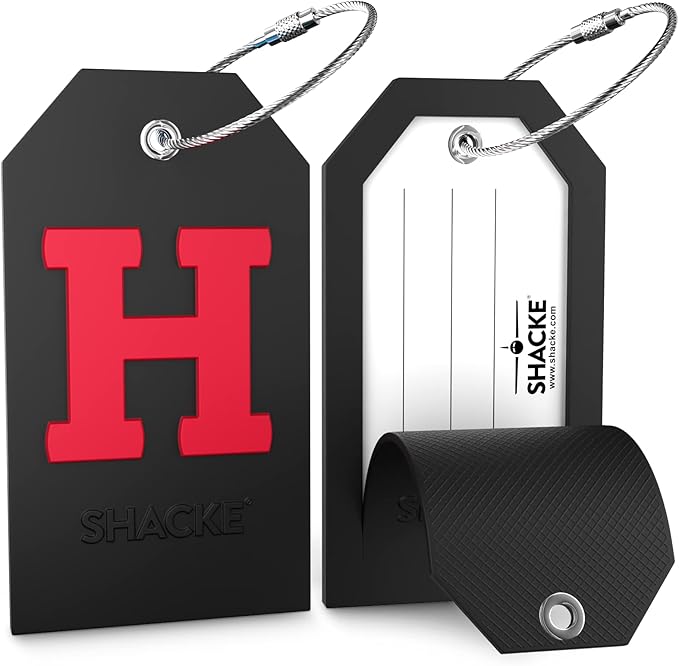 Shacke Initial Luggage Tag with Full Privacy Cover and Stainless Steel Loop - Black (Letter H)