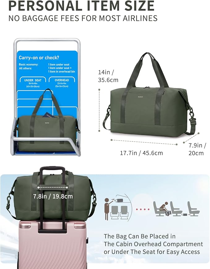 ECOHUB Travel Duffel Bag Water Resistant Weekender Bag Carry On Bags for Women Sport Gym Bags for Men Hospital Bag for Labor and Delivery Overnight Bag Luggage Bag with Trolley Sleeve 30L Army Green