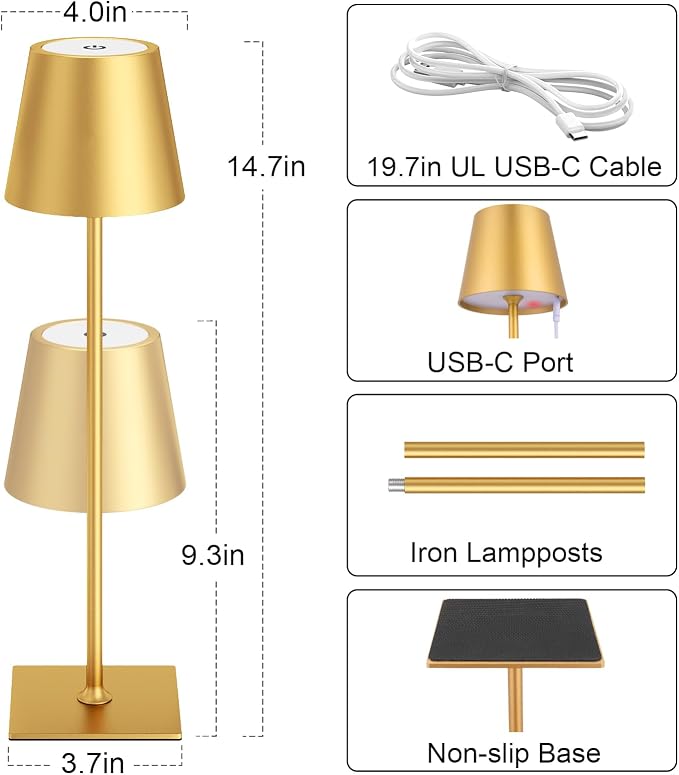 Kakanuo Gold Cordless Rechargeable Table Lamp 5000mAh Battery Operated Lamps, 3 Colors Stepless Dimming Touch Lamp for Living Room, Kitchen Counter, Dining, Outdoor Patio, 2 Pack