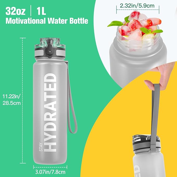 Sahara Sailor Water Bottle 32oz, Durable and Leakproof Water Bottles Motivational with Time Marker, Tritan, BPA Free, Wide Mouth with Easy Clean Brush for Gym, Travel, Home, School, Office (1 Bottle)