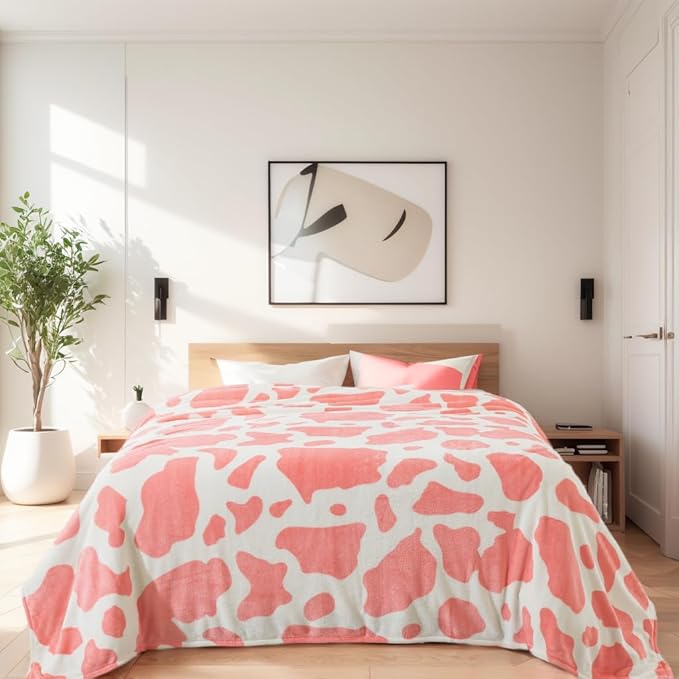 Fleece Cow Print Blanket King Size for All Season - Premium Lightweight Anti-Static Super Soft Cozy Plush Cow Blankets for King/Calking Bed,90" x 108"(Pink Cow)
