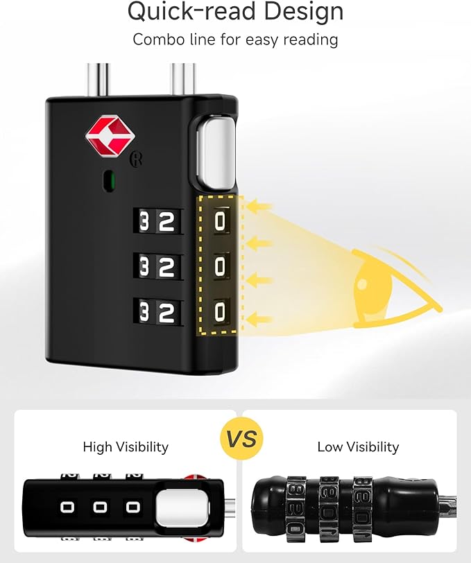 LUGGEX Luggage Locks, TSA Locks for Luggage, Luggage Locks TSA Approved, Combination Lock, One-Button Reset & Cut Resistant (Black,4 Pack)