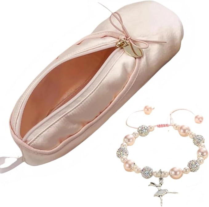 Ballet Dance Shoe Makeup Bag For Little Girls, Ballerina Slipper Makeup Pouch Bag, Ballet Pointe Shoes Gifts (Pink-BT1)