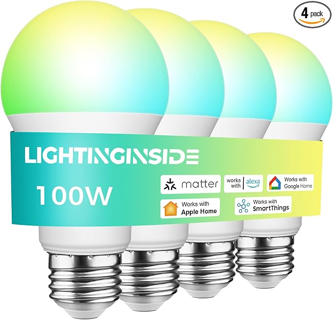 Matter Smart Light Bulbs 100W, Color Changing Light Bulbs | Compatible with Alexa/Apple Home/Google Home/Siri/SmartThings, 1350LM 11W E26 RGBCW Smart Bulb, 2.4G WiFi, ETL Listed, 4 Pack