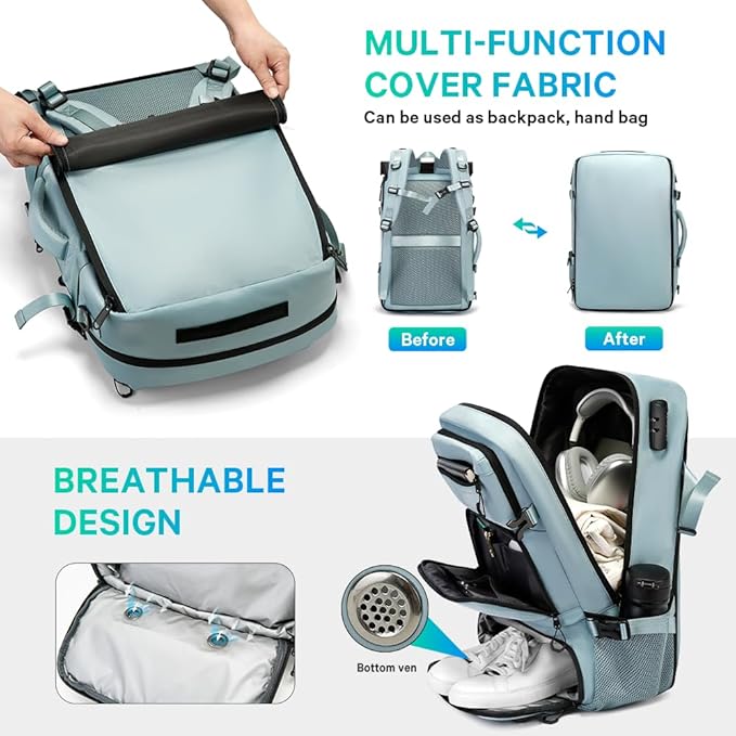 FUTURE AESTHEICS Travel backpack Carry-on Travel Backpack For Women Men Flight Approved Business Weekender Overnight Waterproof Daypack (Light Blue)