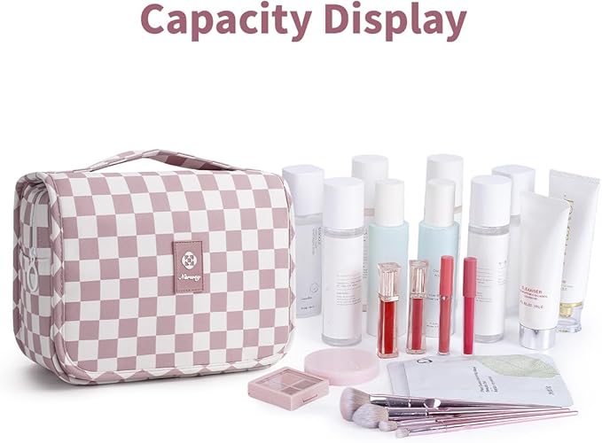 Narwey Small Hanging Travel Toiletry Bag for Traveling Women, Checkered Travel Bag for Toiletries, Makeup Bag Organizer Make Up Cosmetic Bags (Dusty Pink Checkerboard)