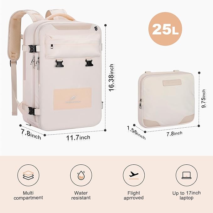Maelstrom Travel Backpack for Women Men,25L Laptop Backpack Fits 15.6-Inch Laptop,Waterproof Carry On Backpack for Airplanes with Detachable Crossbody Bag & Shoe Compartment (Beige, Medium)