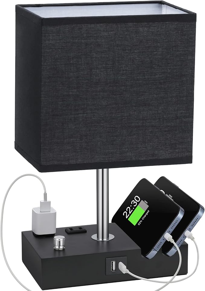 Black Table Lamp for Bedroom - Stepless Dimmable, USB C+A, 2 AC Outlets | Dimming By Rotary Knob, USB C+A Ports, 2 Phone Stands, LED Bulbs Included, Rectangle Black Lampshade, for Living Room, Desk