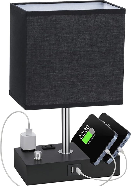 Black Table Lamp for Bedroom - Stepless Dimmable, USB C+A, 2 AC Outlets | Dimming By Rotary Knob, USB C+A Ports, 2 Phone Stands, LED Bulbs Included, Rectangle Black Lampshade, for Living Room, Desk