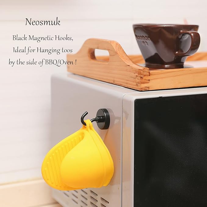 Neosmuk Magnetic Hooks Heavy Duty,10lb Strong Magnet with Hook for Fridge, Super Neodymium Extra Strength Industrial Hooks for Hanging, Magnetic Hanger for Toolbox, Cruise, Grill(Matte Black,6 Pack)