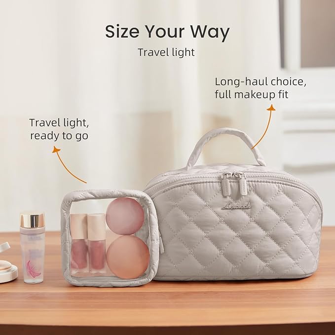 LOVEVOOK Travel Makeup Bag for Women, 2Pcs Puffer Waterproof Cosmetic Organizer, Large Capacity Pouch Open Flat Small Toiletry Bag with Brush Compartment & Handle (Light khaki, Large)