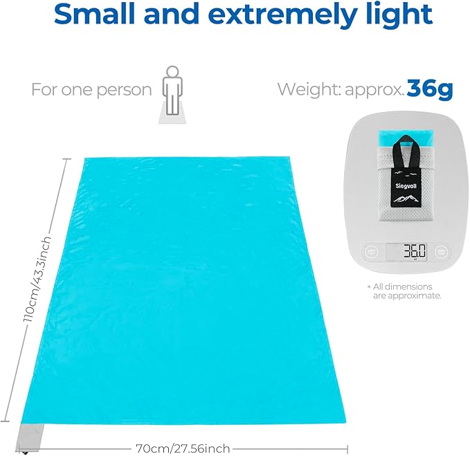 Pocket Picnic Blanket for 1 Person, 43.3x27.56″ (1.27oz) Super Light Compact Beach Blanket, SandProof Waterproof Portable Beach Picnic Mat for Outdoor Hiking Camping Travel Festival(Blue)