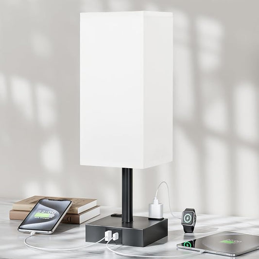 White Touch Table Lamp for Bedroom - Dimmable, USB C+A, 2 AC Outlets | 3-Way Dimming, 3000K Bulb Included, Square White Lampshade and Black Base, Desk Lamp for Nightstand, Living Room, Dorm