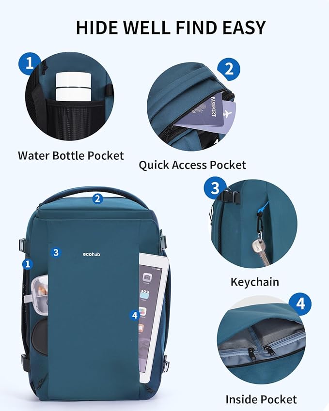 ECOHUB 40L Carry-On Travel Backpack, TSA-Friendly, Anti-Theft Water-Resistant Lightweight with 17.3″ Laptop Compartment, Durable PFAS-Free Rucksack, Green