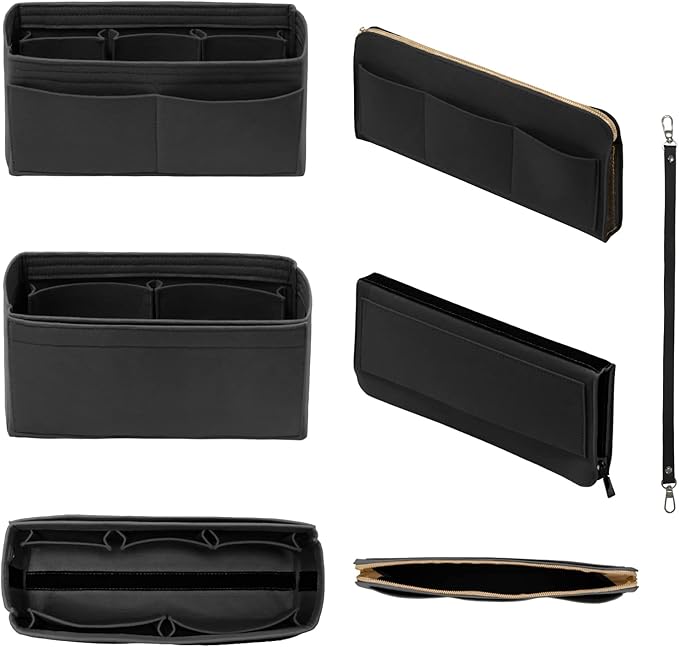 DailyPlus Purse Organizer Insert with Zipper Felt Bag Organizer Handbag Organizer Insert Bag in Bag Organizer with Key Chain for Tote Purse Bag Black Slender-Large