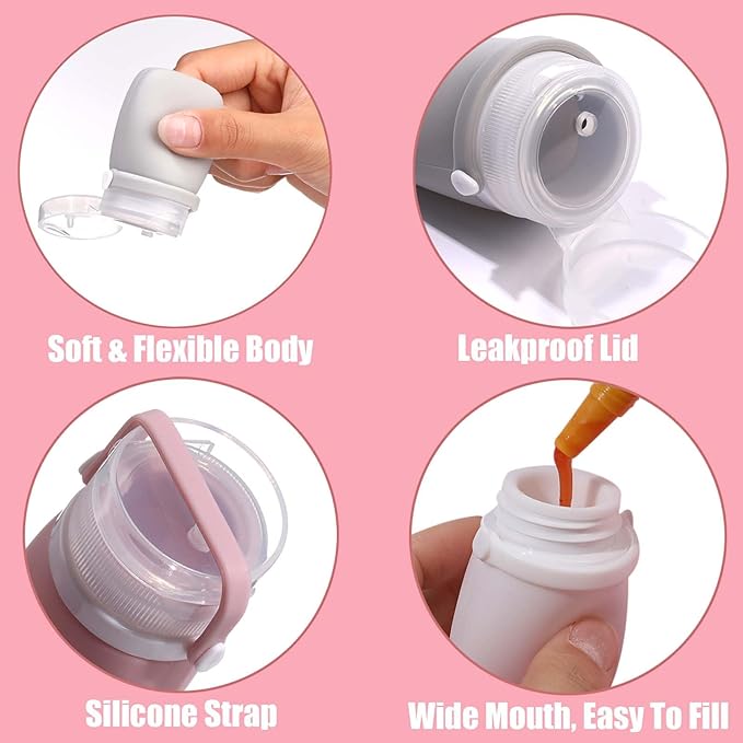 2 oz Travel Bottles, WXOIEOD Leakproof Silicone Squeeze Bottle Mini Travel Size Container for Toiletries Lotion Shampoo and Conditioner Liquid Salad Dressing to go Condiment, TSA Approved, 4 Pack