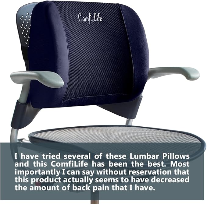 ComfiLife Lumbar Support Back Pillow Office Chair and Car Seat Cushion - Memory Foam with Adjustable Strap and Breathable 3D Mesh (Navy)