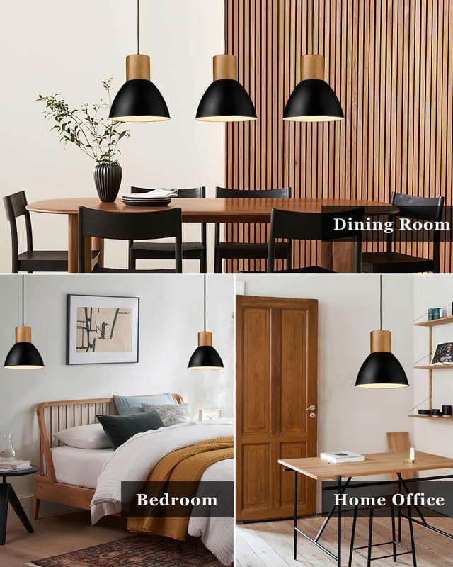 ELYONA Solid Wood Metal Pendant Light Fixtures, Industrial Hanging Lamp, Adjustable Length, 11.6" Modern Farmhouse Bar Pendant Lighting for Kitchen Island,Dining Room,Living Room, Black & Brown