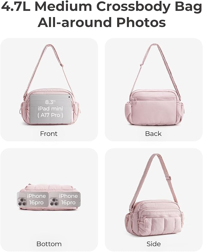 BAGSMART Anti Theft Crossbody Bags for Women Travel Purse, Medium Quilted Puffy cross body bag, Handbags Shoulder Purses, Baby Pink-medium