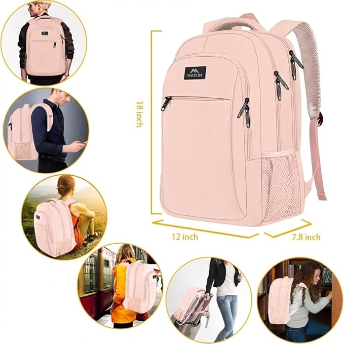 MATEIN 15.6 inch Laptop Backpack, Cute Slim Computer Travel Backpack, Carry On Casual Daypack Bag Gifts for Women Teacher Nurse, Pink