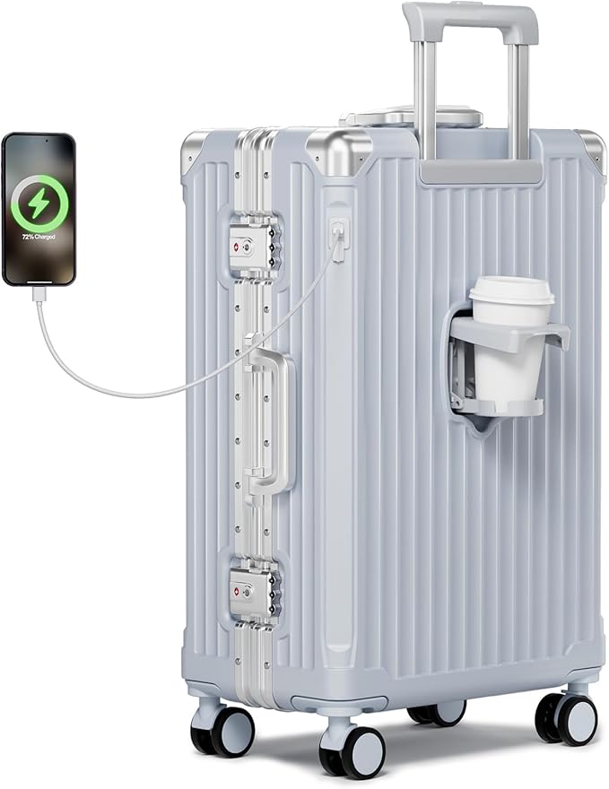 Krute No Zipper Carry On Luggage 20 Inch Suitcase with Wheels PC Aluminum Frame Zipperless Luggages with Cup Holder and Charger Hard Side TSA Approved Travel Suitcases Silver
