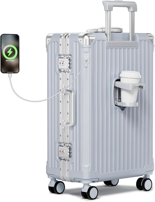Krute No Zipper Carry On Luggage 20 Inch Suitcase with Wheels PC Aluminum Frame Zipperless Luggages with Cup Holder and Charger Hard Side TSA Approved Travel Suitcases Silver